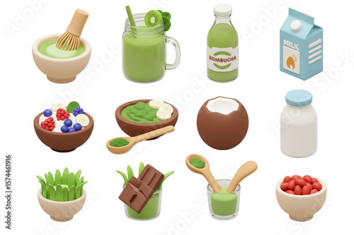 Collection of healthy foods including matcha tea kombucha smoothie berries and dairy products displayed