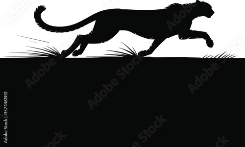 Black silhouette of a cheetah running through grass