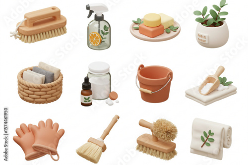 Assortment of eco friendly cleaning supplies including brushes spray bottle and natural soap products