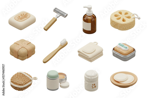 Assortment of zero waste personal care products including soap, razor, and bamboo toothbrush laid out