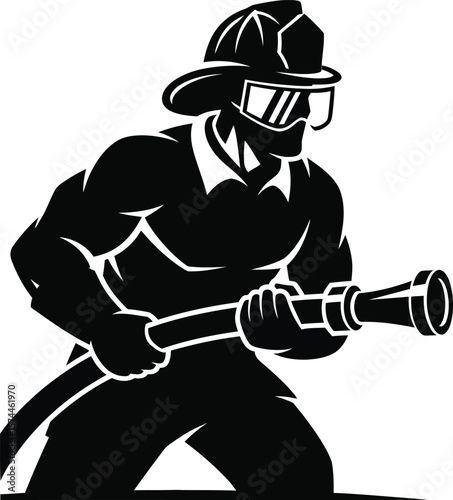 A brave firefighter is holding a fire hose, ready to extinguish flames, showcasing his dedication and courage