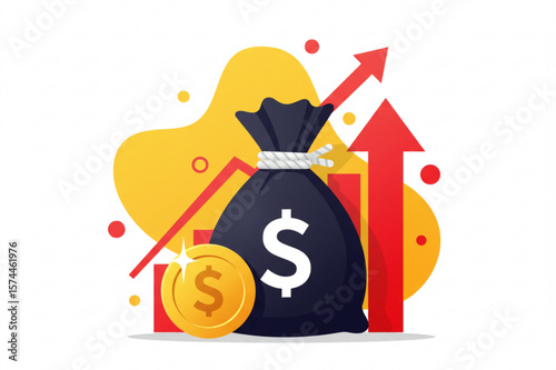 Illustration of a money bag with dollar sign and upward trending graph and coin showing growth