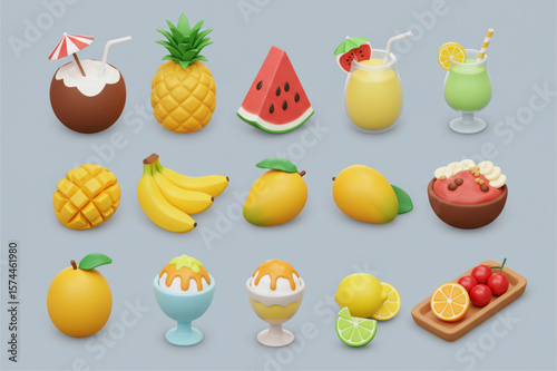 Assortment of stylized tropical fruits and fruit based desserts and drinks on a light grey background