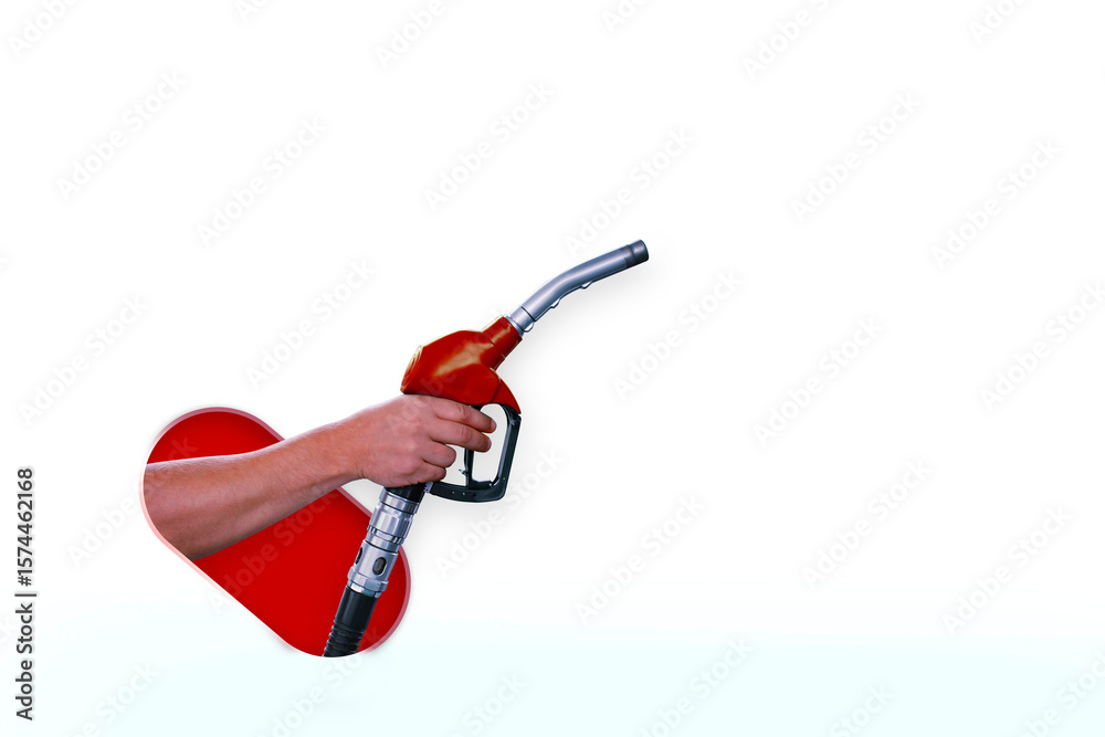 Naklejka premium Man holds a refueling gun in his hand for refueling cars isolated on white background. Gas station with diesel and gasoline fuel close-up.