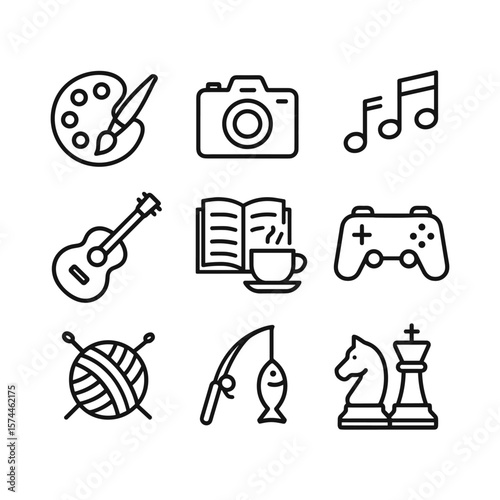 Hobbies leisure icons collection. Outline symbols. Line design