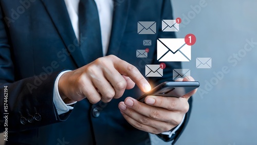 A professional checks new incoming messages on a modern smartphone, receiving the latest emails for business communication and staying connected in the digital workplace setting with ease.
