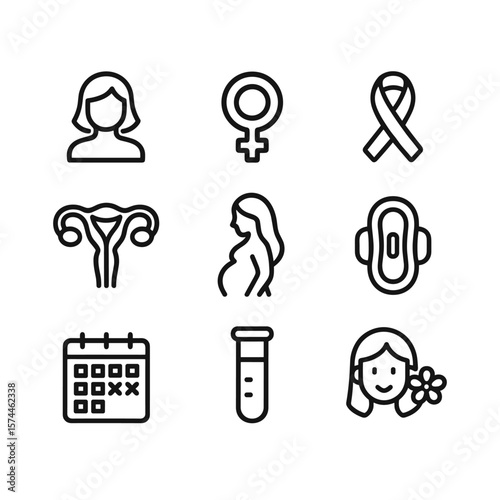 Female medical care vector icons collection. Outline symbols. Line design