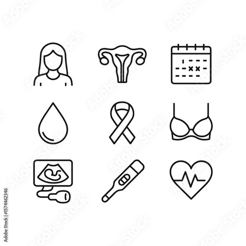 Women's health medical icons vector set. Outline symbols. Line design