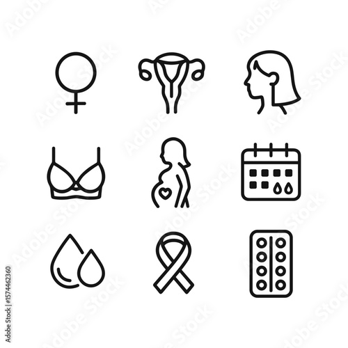 Gynecology and reproductive health vector icons collection. Outline symbols. Line design