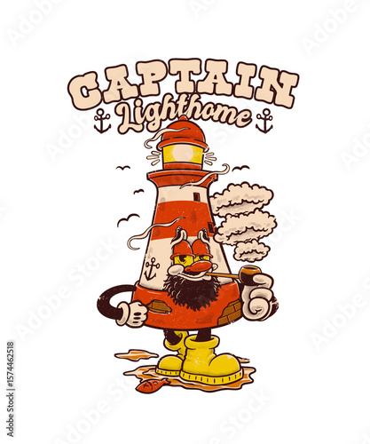 Illustration of an old lighthouse cartoon character with a retro style smoking pipe, suitable for t shirts, stickers, etc.
