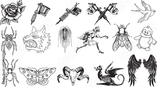 Black and white tattoo flash designs featuring various iconic imagery