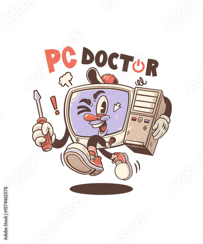 Retro style cartoon illustration of a computer repairman character, suitable for branding