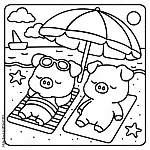 Best friends pigs are having a relaxing vacation, easy coloring for kids, vector, illustration, coloring book, coloring page, cozy, cute, bold, comfy