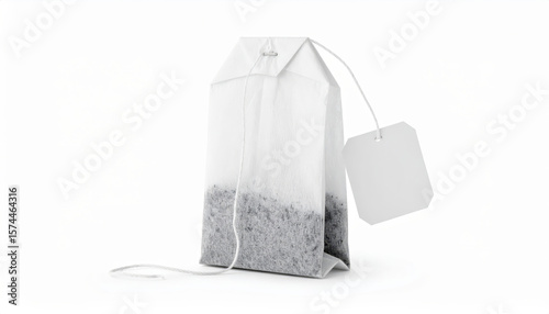 Isolated tea bag with string and blank label on a clean white background