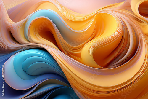 Warm and Gentle Abstract Background with Flowing Gold and Blue 3D Waves