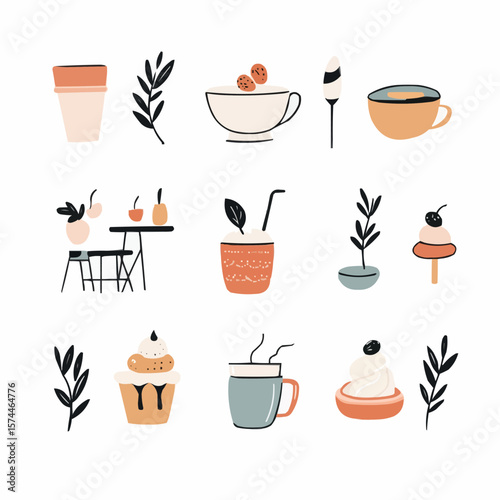 Naive Mediterranean café set with coffee cups, sweets and olive branches, ideal for eco packaging, digital paper and nursery printables
