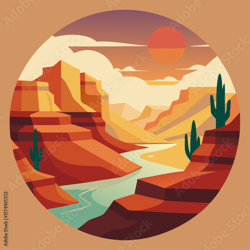 A desert landscape with a river running through it. The sky is cloudy and the sun is setting