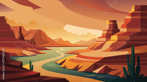 A desert landscape with a river running through it. The sky is cloudy and the sun is setting