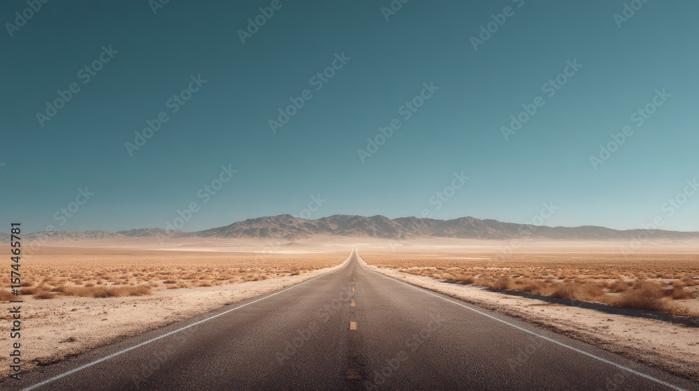 Naklejka premium An endless road leading through a vast desert landscape towards distant mountains.