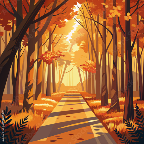 A path through a forest with leaves on the ground. The leaves are orange and yellow. The path is lined with trees