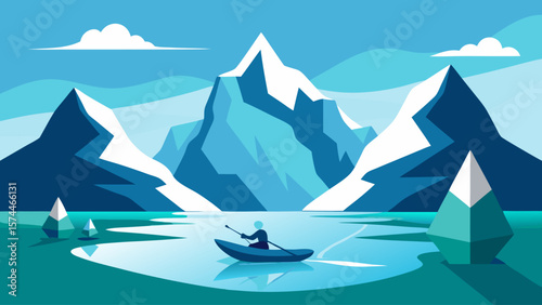 A man is paddling a canoe on a lake in the mountains. The scene is serene and peaceful, with the man enjoying the beauty of nature