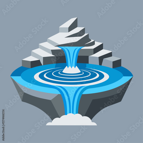 A water feature with a waterfall and a rock formation. The water is blue and the rocks are grey