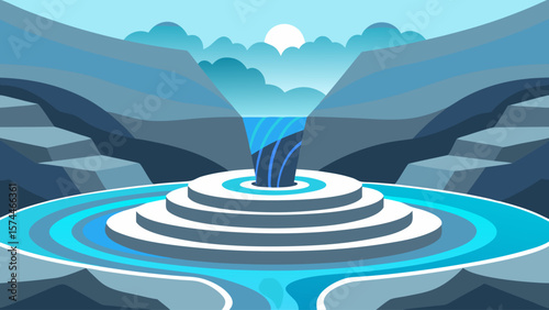 A water feature with a waterfall and a rock formation. The water is blue and the rocks are grey