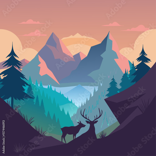 A deer is standing in front of a mountain range. The mountains are covered in trees and the sky is a mix of pink and blue