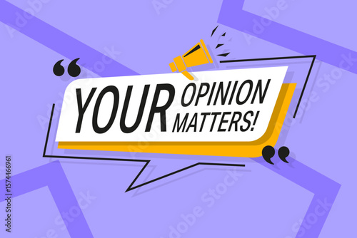 Purple background illustration with "YOUR OPINION MATTERS!" in a speech bubble and a megaphone, highlighting the theme of feedback and communication.