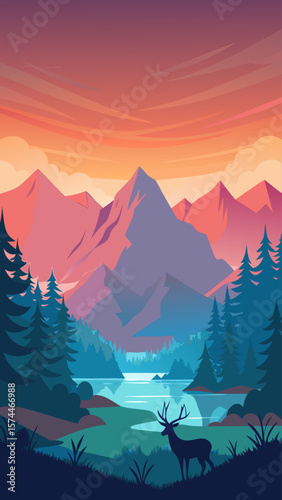 A deer is standing in front of a mountain range. The mountains are covered in trees and the sky is a mix of pink and blue