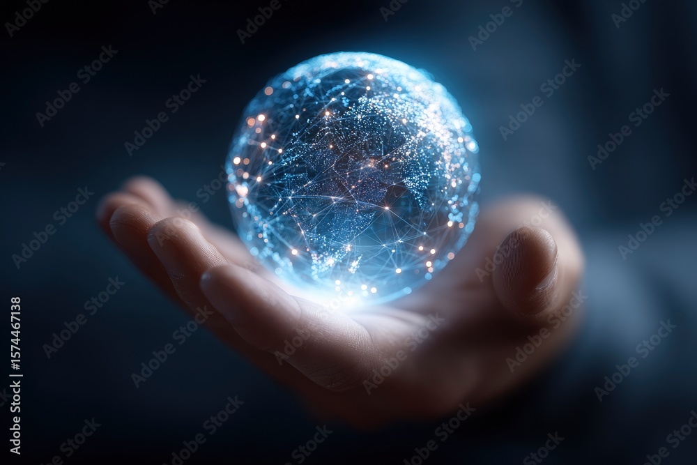 A glowing globe rests on an open hand displaying a network of connected points A glowing globe rests on an open hand displaying a network of connected points