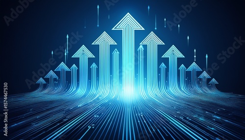 up arrows circuit style on blue background illustration copy space composition digital growth concept
