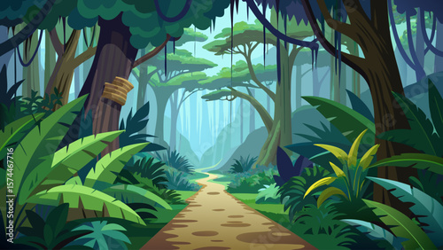 A forest path with trees and plants. The path is narrow and surrounded by greenery
