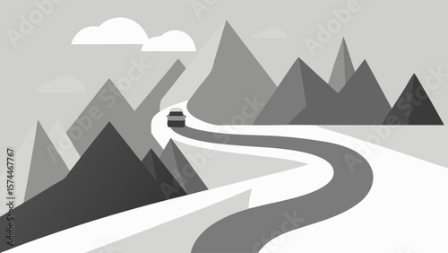 A mountain road with a car driving down it. The scene is peaceful and serene, with the mountains in the background providing a sense of calm and tranquility