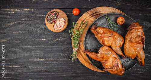 Canvas-taulu Three perfectly smoked quails are artfully arranged on a dark rustic plate with