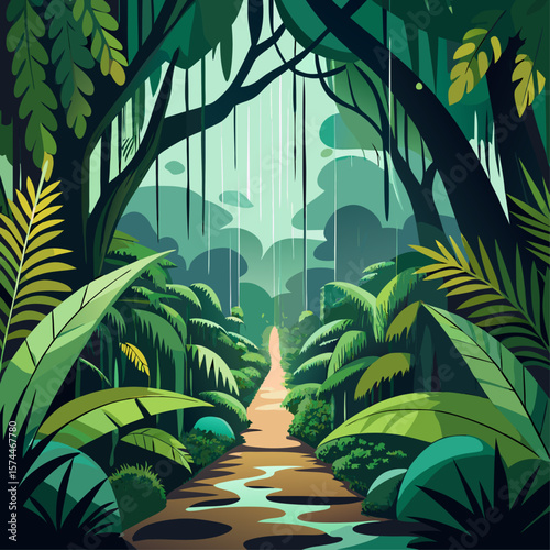 A forest path with trees and plants. The path is narrow and surrounded by greenery