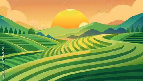 A beautiful landscape with a sun setting in the background. The sky is orange and the sun is setting behind the mountains. The hills are green and the landscape is peaceful