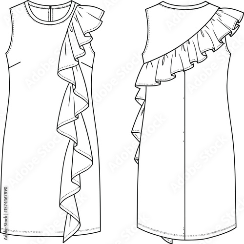 Fashion flat sketch of sleeveless dress with asymmetric cascading ruffle detail, technical CAD drawing, apparel vector illustration design
