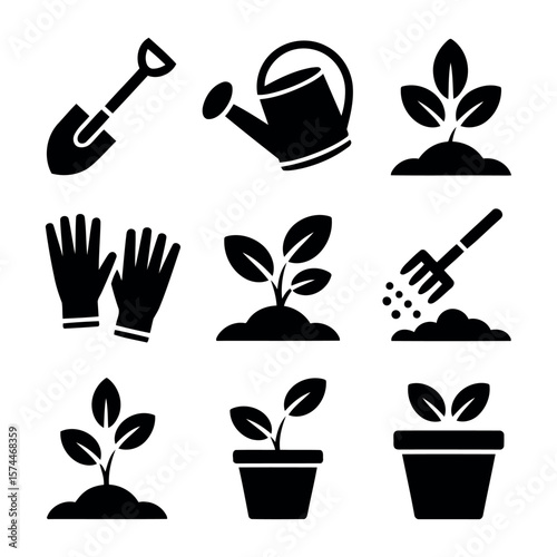 Gardening icons tools plants and supplies for cultivation