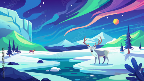 A beautiful landscape with a deer standing in front of a river. The sky is filled with stars and the moon is visible in the background. The scene is serene and peaceful