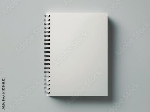 A blank white spiral notebook mockup with front cover up, placed on gray background, top-down view, minimal composition for stationery or education branding.