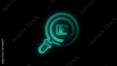 Animated neon magnifying glass with play button symbol illuminating on black background