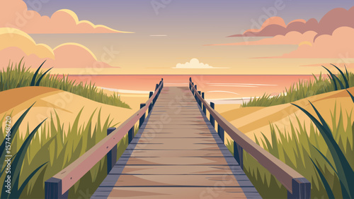 A wooden bridge spans a sandy beach and a body of water. The sky is a mix of pink and blue, creating a serene and peaceful atmosphere