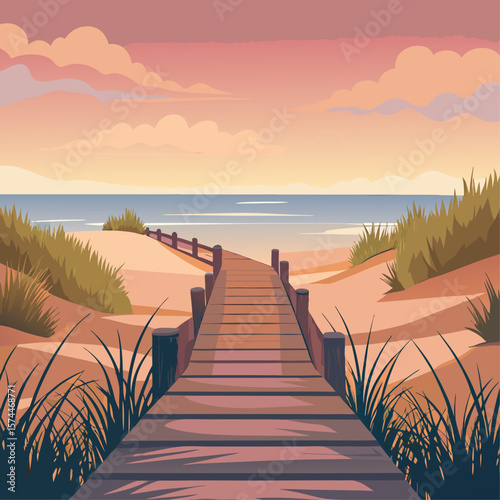 A wooden bridge spans a sandy beach and a body of water. The sky is a mix of pink and blue, creating a serene and peaceful atmosphere