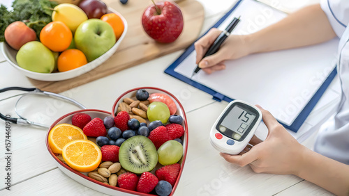 Diabetes healthy diet food control blood sugar level glucose meter and doctor writing on clipboard
