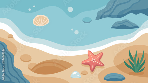 A beach scene with a starfish and a tree. The starfish is on the left side of the image and the tree is on the right side. The image has a calm and peaceful mood