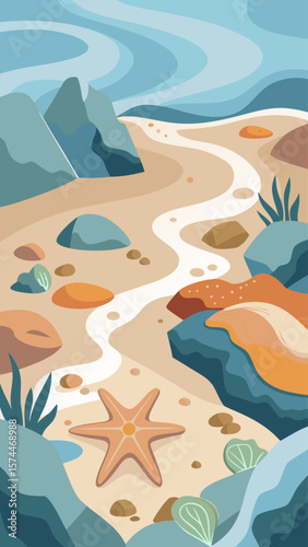 A beach scene with a starfish and a tree. The starfish is on the left side of the image and the tree is on the right side. The image has a calm and peaceful mood
