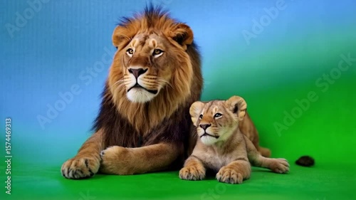 Wallpaper Mural Lion and cub resting together on a green and blue background in a studio setting indoors green screen animal video Torontodigital.ca