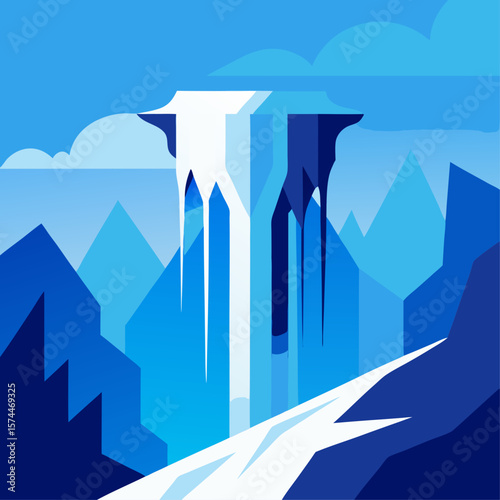 A blue and white mountain range with a waterfall. The waterfall is frozen and the sky is blue
