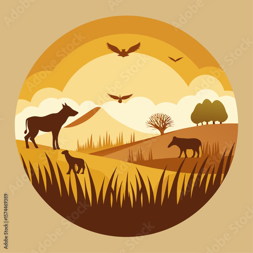 A serene and peaceful scene of animals in a field with a sun in the background. There are cows, horses, and birds scattered throughout the field, creating a sense of harmony and balance